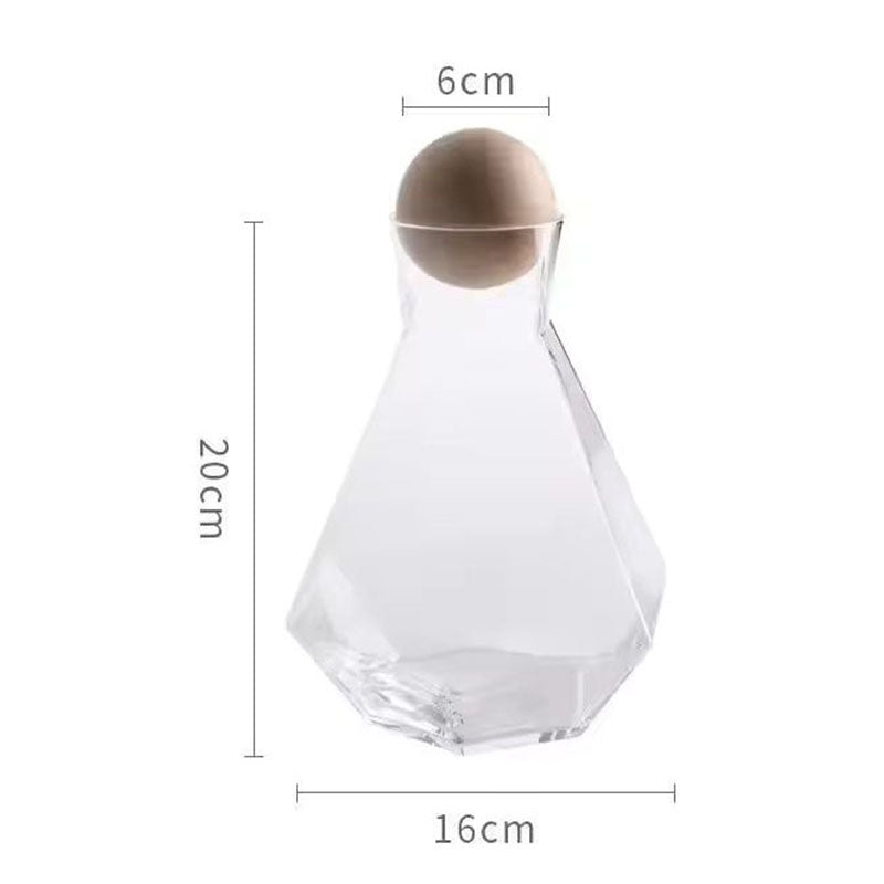 Clear glass pitcher with a wooden ball lid, isolated on a white background. The image includes dimensions: 6cm lid diameter, 20cm height, 16cm base width.