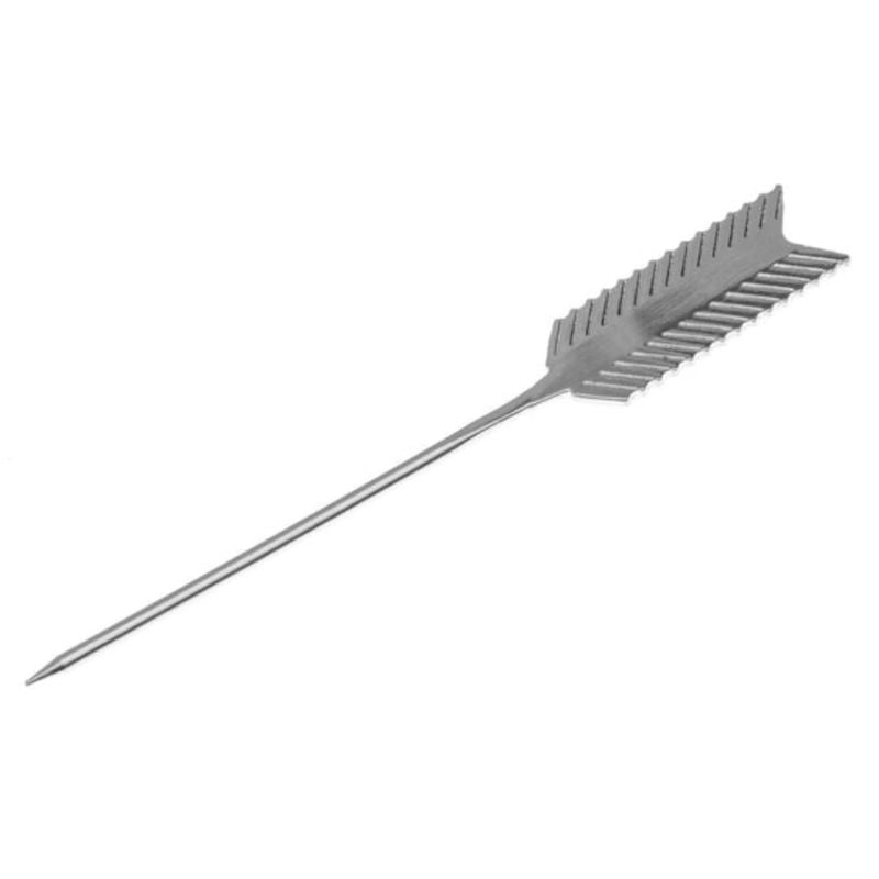 A silver arrow-shaped cocktail pick on a white background.