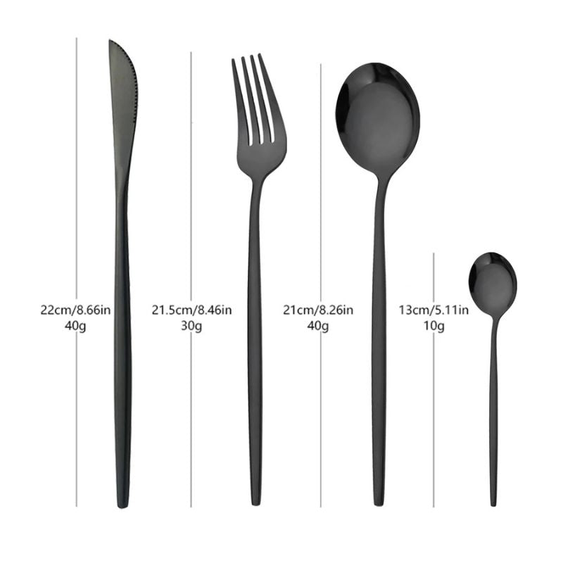 An overhead shot of four pieces of black cutlery (knife, fork, large spoon, small spoon) arranged in a row against a white background, with vertical lines and measurements indicating the length and weight of each piece.