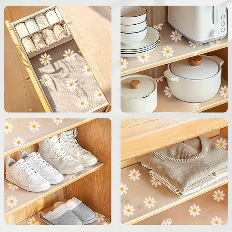 Collage of four images showcasing a daisy-patterned shelf liner used in various settings: a drawer with organized clothing, a kitchen shelf with dishes and appliances, a shoe rack with sneakers and slippers, and a shelf with folded clothes.