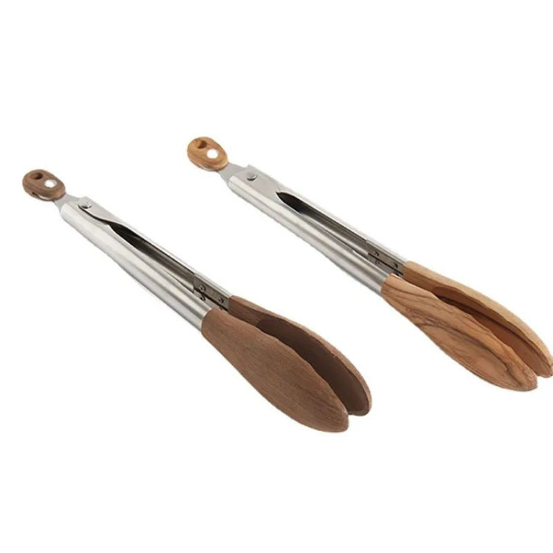 Two pairs of stainless steel tongs with wooden handles, one dark wood and one light wood, angled on a white background.