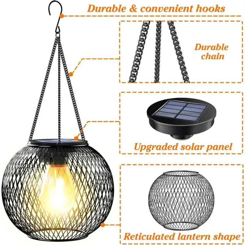 A black hanging solar lantern with a metal mesh design, illuminated by a warm LED bulb. The image highlights key features: a durable and convenient hook for easy hanging, a strong metal chain, an upgraded solar panel for efficient charging, and a reticulated lantern shape for an attractive light pattern. The lantern is designed for outdoor use, offering a stylish and functional lighting solution.