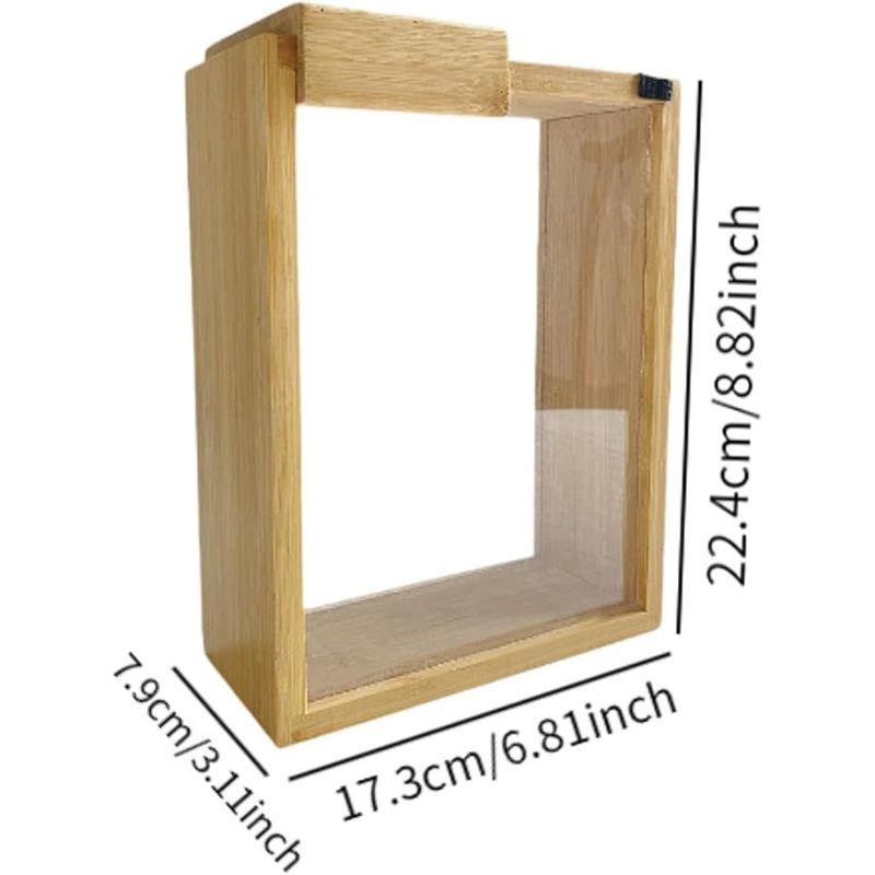 A rectangular bamboo cereal dispenser with a clear front, showing its height as 22.4cm/8.82in, width as 17.3cm/6.81in, and depth as 7.9cm/3.11in.