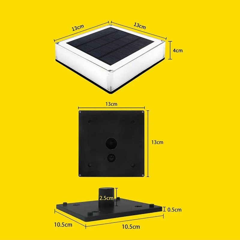Dimensions of the square solar-powered light: 13 cm x 13 cm x 4 cm. The base is 10.5 cm x 10.5 cm with a 2.5 cm mounting post height. Ideal for outdoor columns and posts.