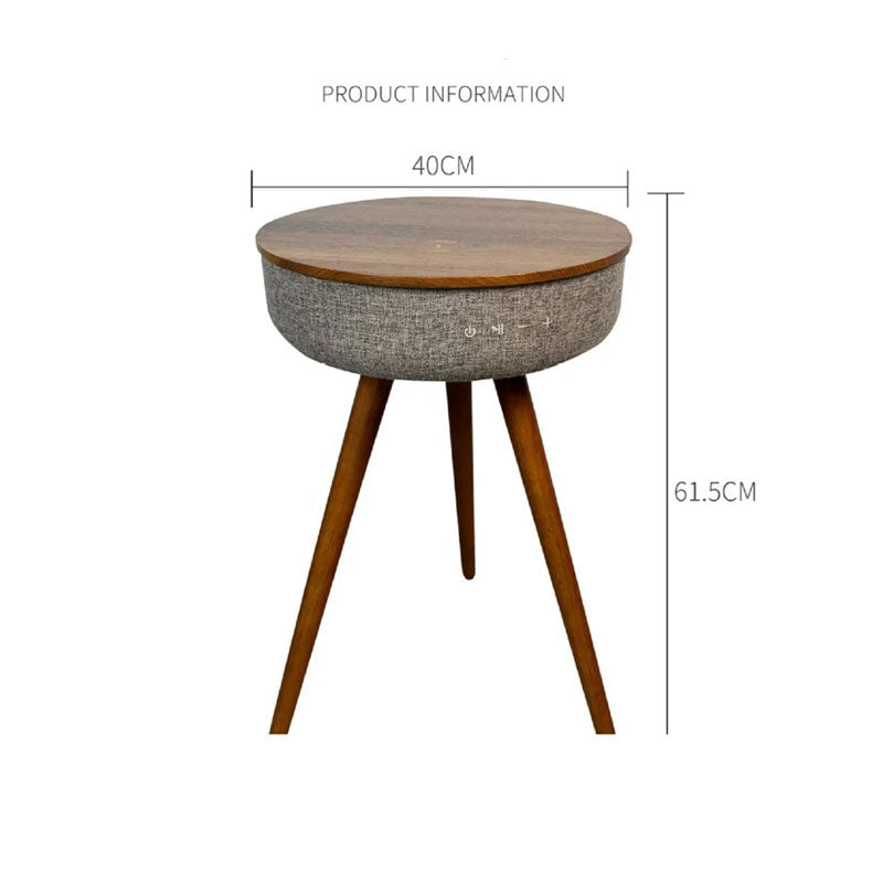 A studio shot of a wooden end table with a built-in Bluetooth speaker, showing its product dimensions: 40cm in width and 61.5cm in height.