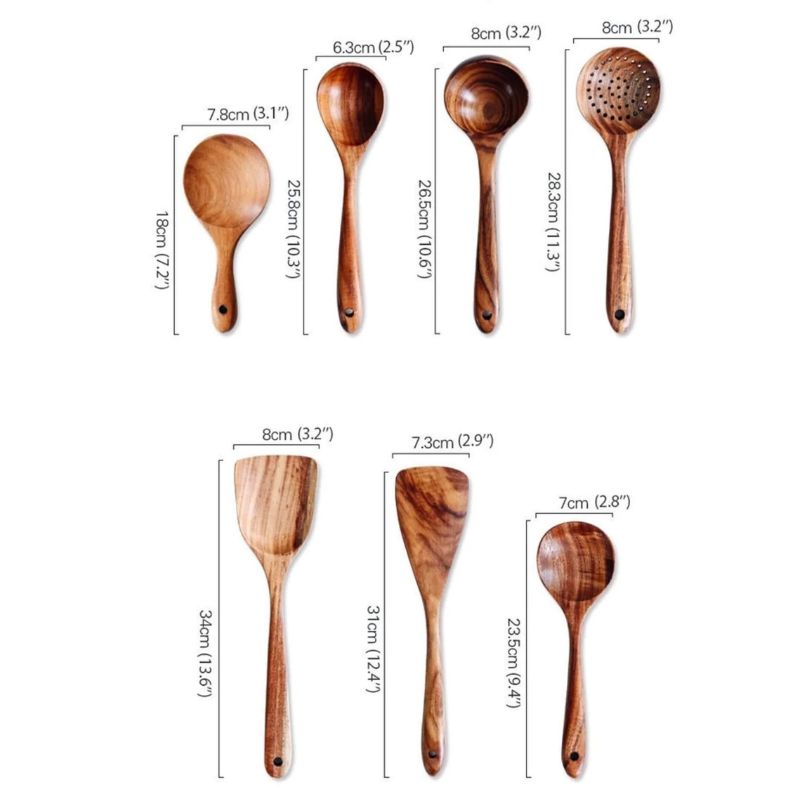 Seven wooden kitchen utensils, including spoons, a skimmer, and spatulas, with labeled dimensions in both centimeters and inches.