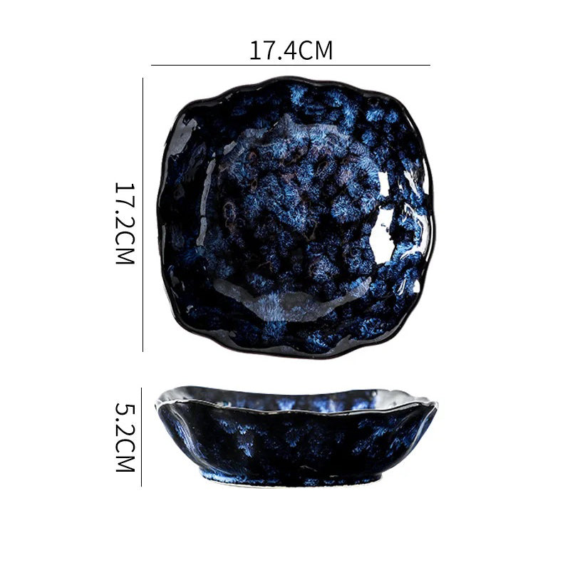 A square, deep, dark blue and white textured ceramic dish with wavy edges, showing its dimensions: 17.4cm wide, 17.2cm long, and 5.2cm high.