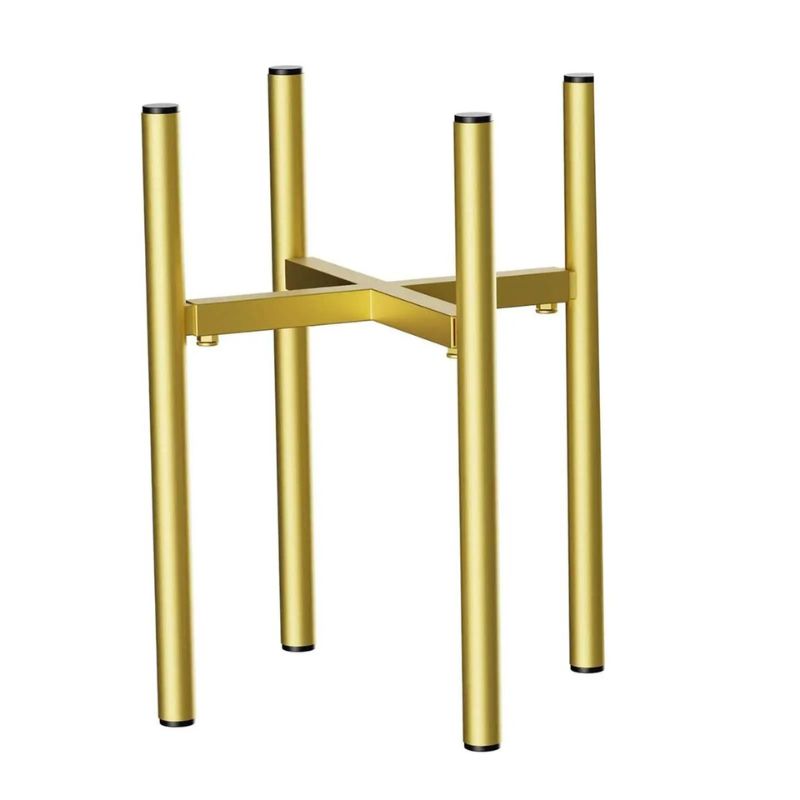 A modern gold metal plant stand featuring a minimalist design with four slim legs and an intersecting support structure at the center. The stand is designed to elevate a planter, adding elegance and stability to indoor plant displays.