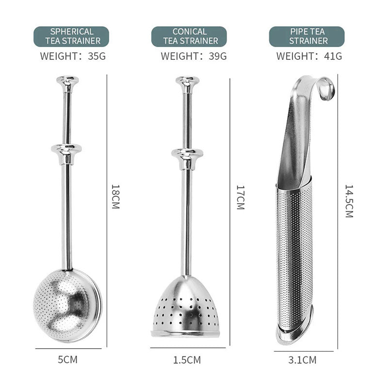 Set of three stainless steel tea strainers with different shapes and dimensions. The spherical tea strainer measures 18cm in height and 5cm in diameter, the conical tea strainer is 17cm tall with a 1.5cm base width, and the pipe tea strainer is 14.5cm tall with a 3.1cm width. Each features a perforated design for effective tea infusion.