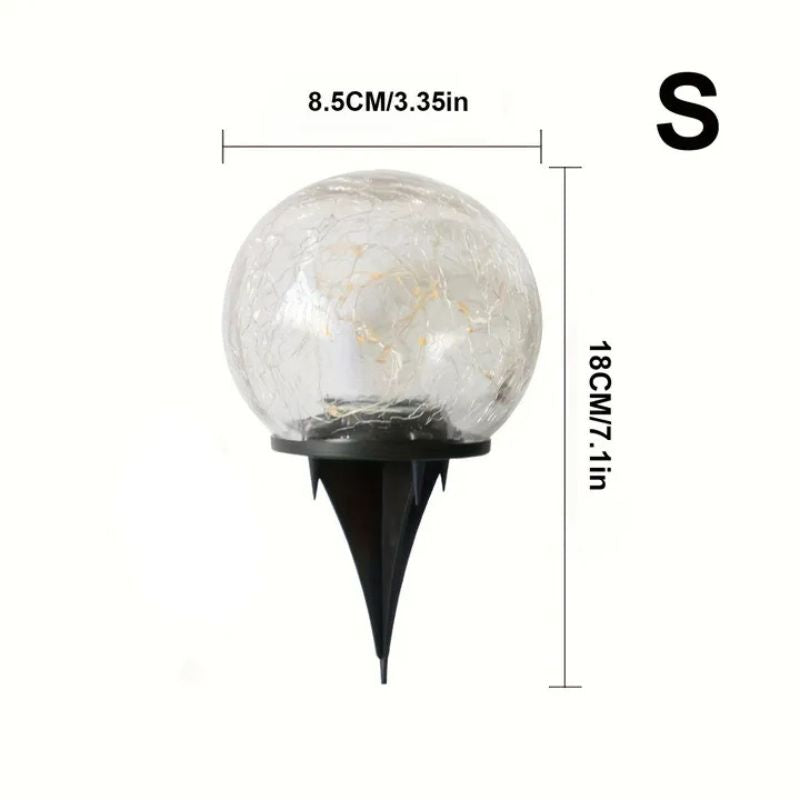 A small-sized crackle glass solar garden light with a black ground stake. The dimensions are 8.5 cm (3.35 in) in width and 18 cm (7.1 in) in height. The letter "S" is displayed in the top right corner, indicating the small size.