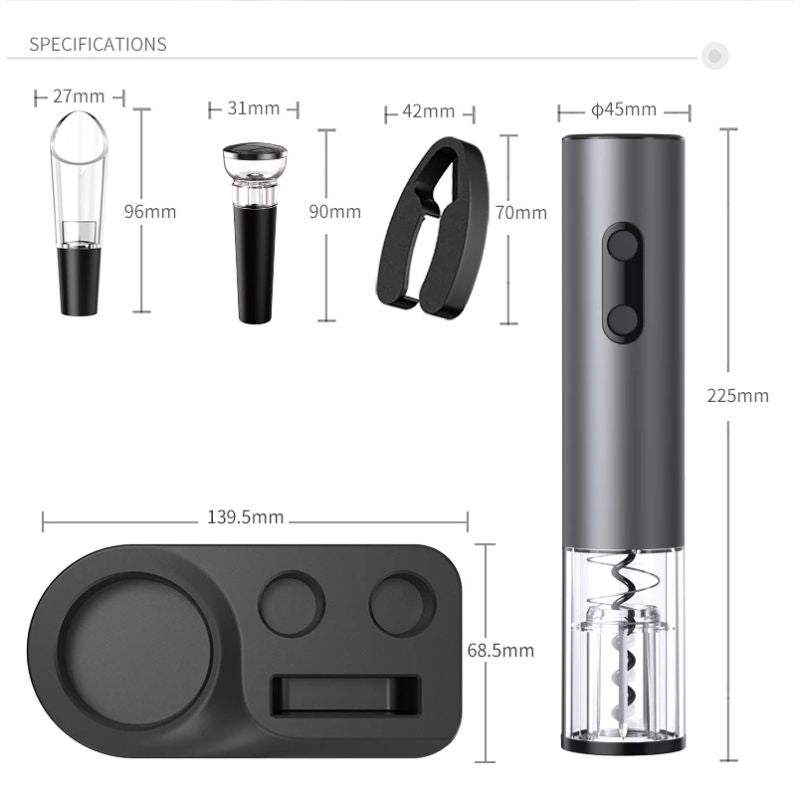 A diagram showing the dimensions of an electric wine opener set against a white background. The set includes a wine pourer, wine stopper, foil cutter, electric wine opener, and charging base. Each item is labeled with its measurements in millimeters, including height and diameter. The diagram also features the word "SPECIFICATIONS" in the upper left corner and a small circle in the upper right corner.