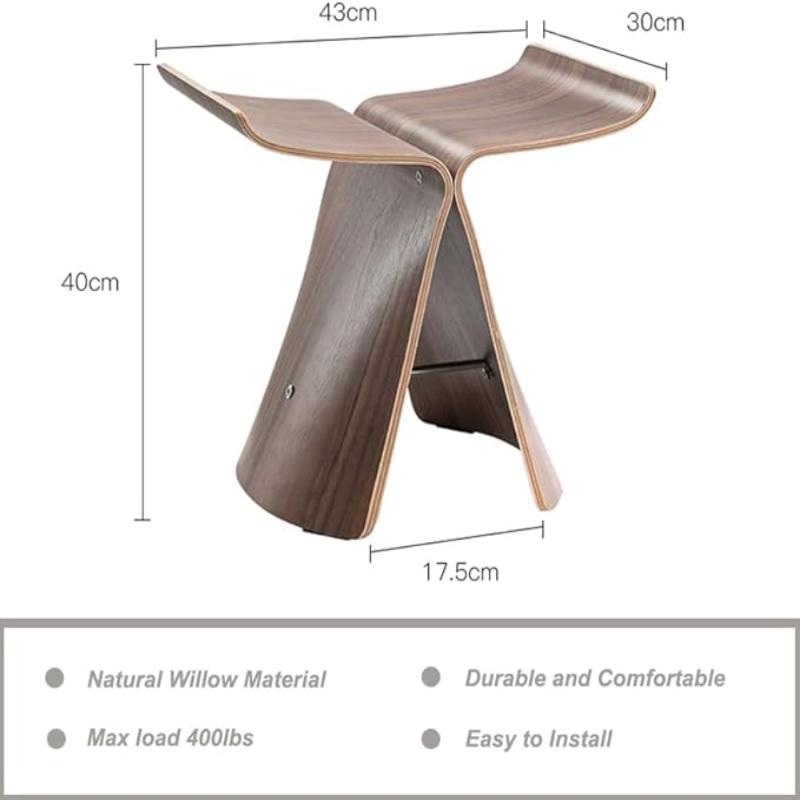 A brown bent plywood stool with a butterfly-like shape is shown with its dimensions: 43cm wide, 40cm tall, 30cm deep, and a leg width of 17.5cm. The stool is described as being made of natural willow material, durable, comfortable, easy to install, and having a maximum load capacity of 400lbs.