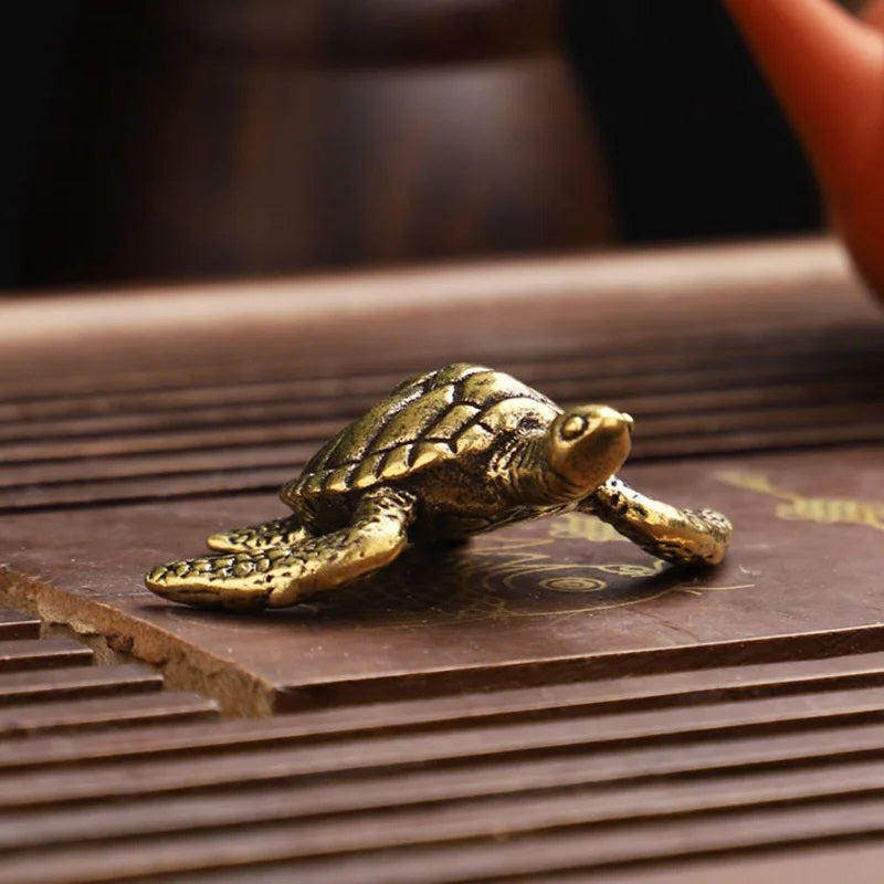 Bronze turtle figurine on a wooden surface