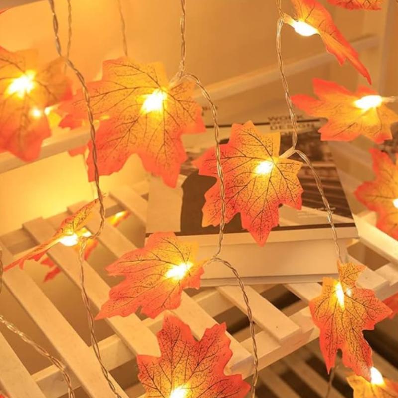 Decorative Maple String Lights with LED lights, ideal for fall decor or outdoor parties.
