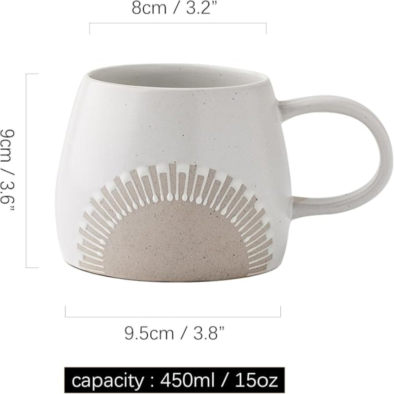 A ceramic coffee mug with a retro matte glaze finish, featuring a sunburst embossed design. The mug has a thick handle for a comfortable grip and a natural, unglazed bottom. The dimensions are labeled in the image, showing a 450ml (15oz) capacity.