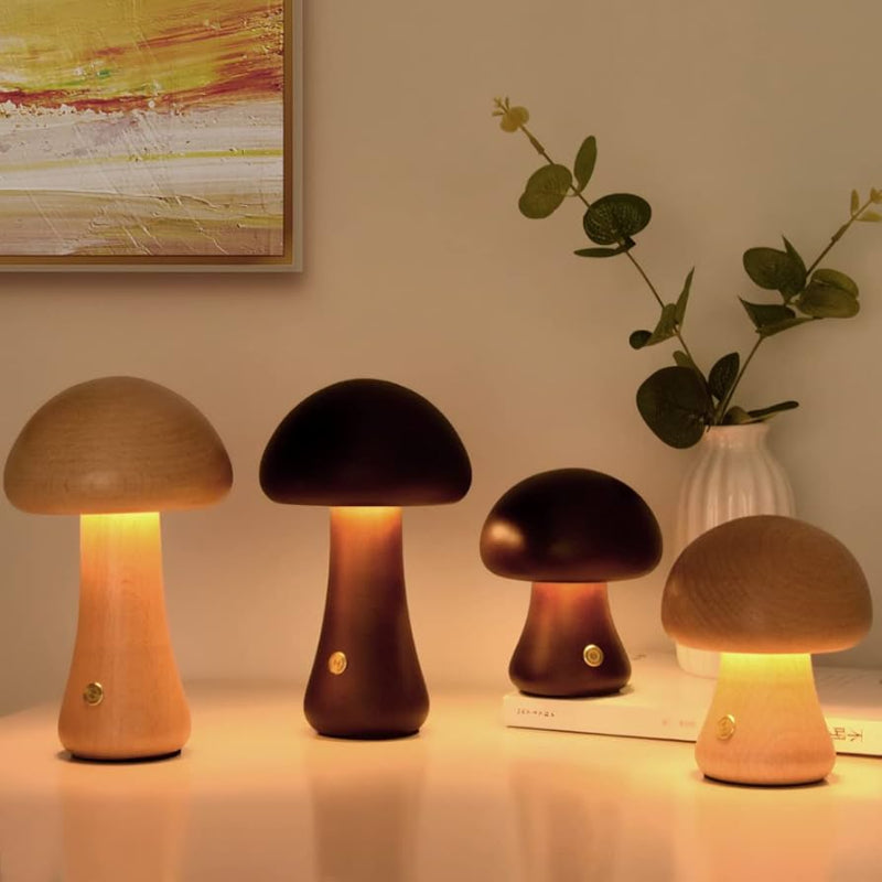 Eco-friendly Wooden Mushroom Lamp with warm lighting, perfect for creating a peaceful ambiance.