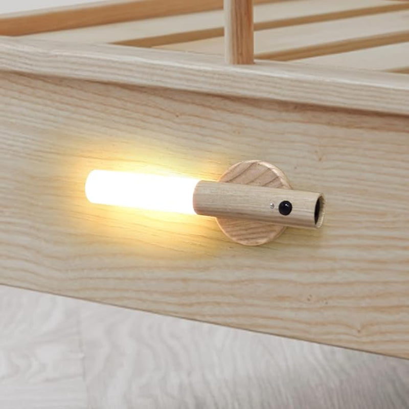 Warm wood finish Lumi Motion Sensor Light offering energy-efficient LED lighting for home spaces.