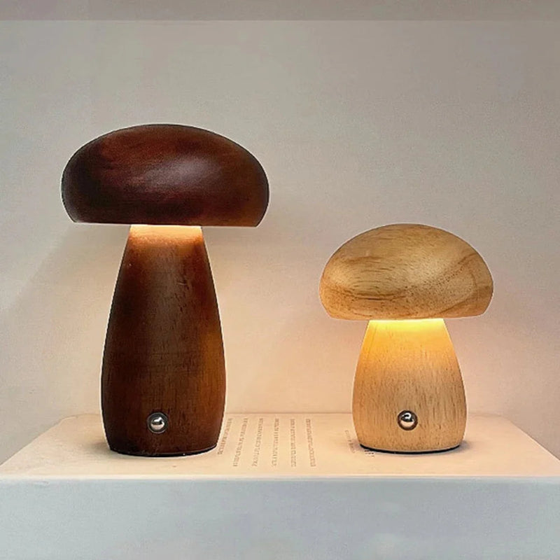Whimsical Wooden Mushroom Lamp with soft, ambient light for cozy and unique home decor.