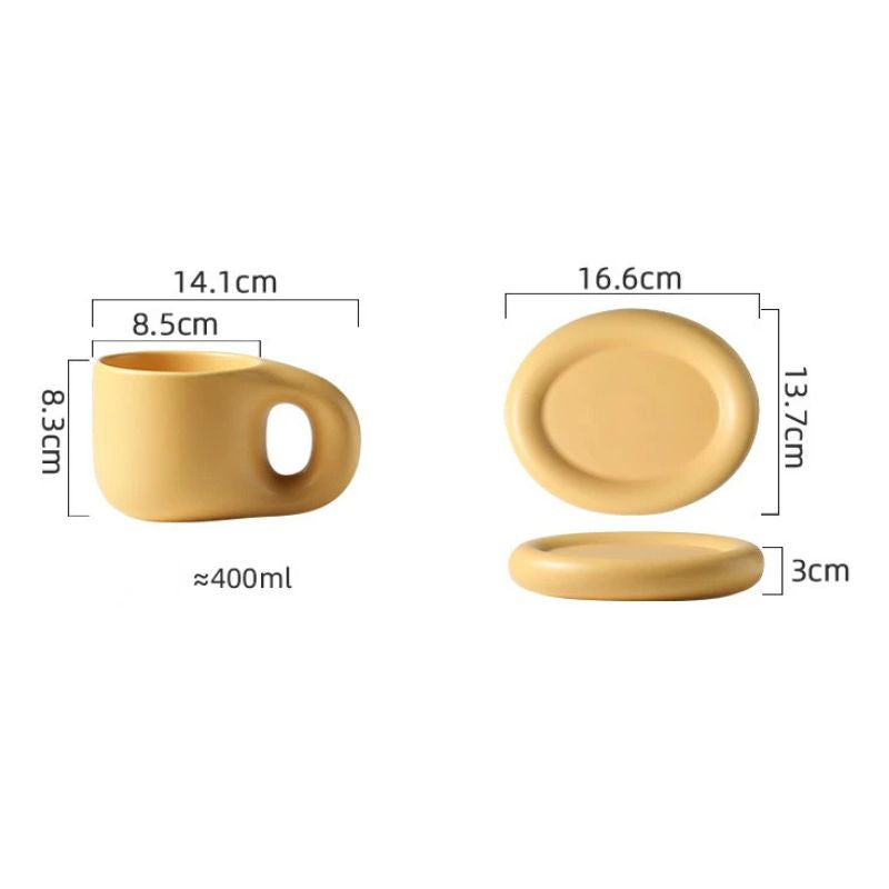 Image showing a yellow ceramic mug and saucer with labeled dimensions in centimeters, including length, width, height, diameter, and thickness, along with approximate volume in milliliters.