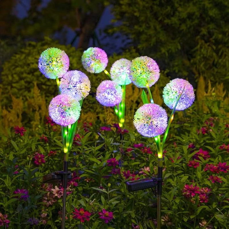 Colorful solar dandelion lights in a garden.