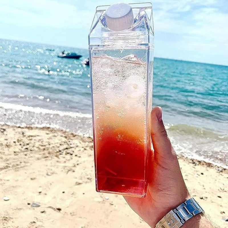 Carton of juice held by a hand on a beach with ocean view
