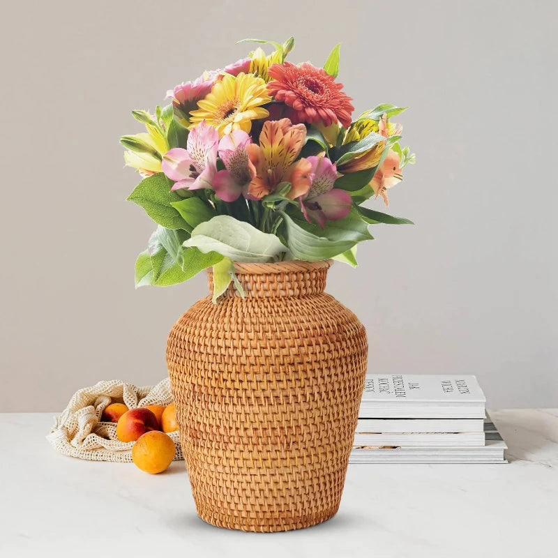 Eco-friendly rattan vase with a modern boho design for any room.
