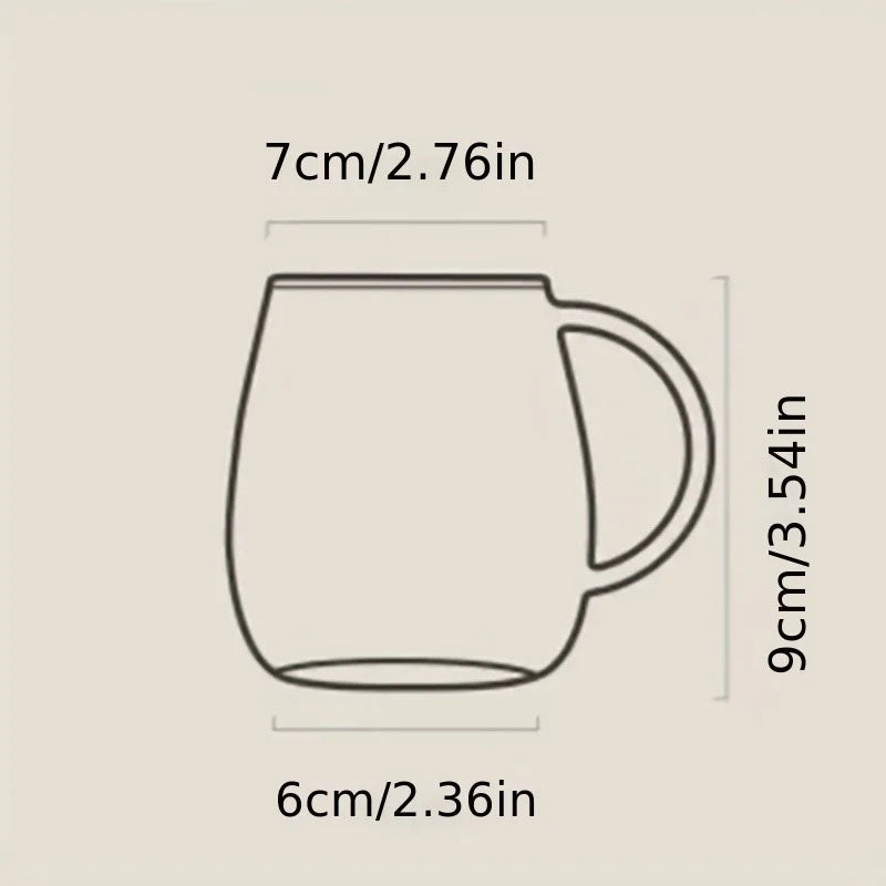 A simple line-art diagram of a glass mug with its dimensions listed: 7cm/2.76in top diameter, 6cm/2.36in bottom diameter, and 9cm/3.54in height.