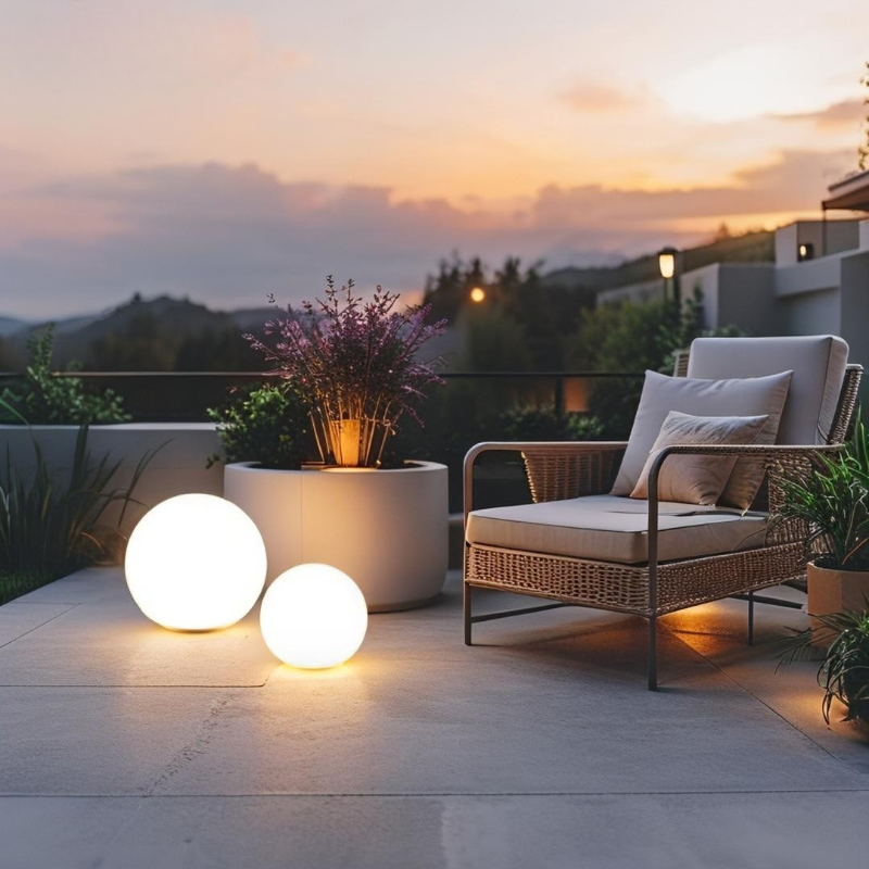 Two glowing white spherical lamps illuminate an outdoor space at dusk. A potted plant sits in a concrete planter between them. A woven chair with cushions is also present. The background shows a sunset sky.