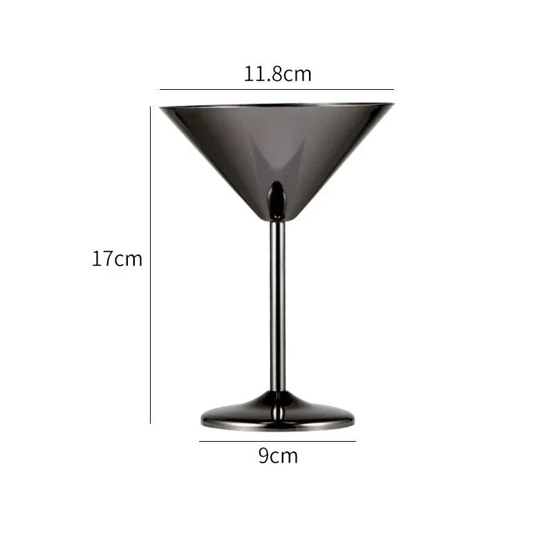 A product image of a black metal martini glass with its dimensions labeled.