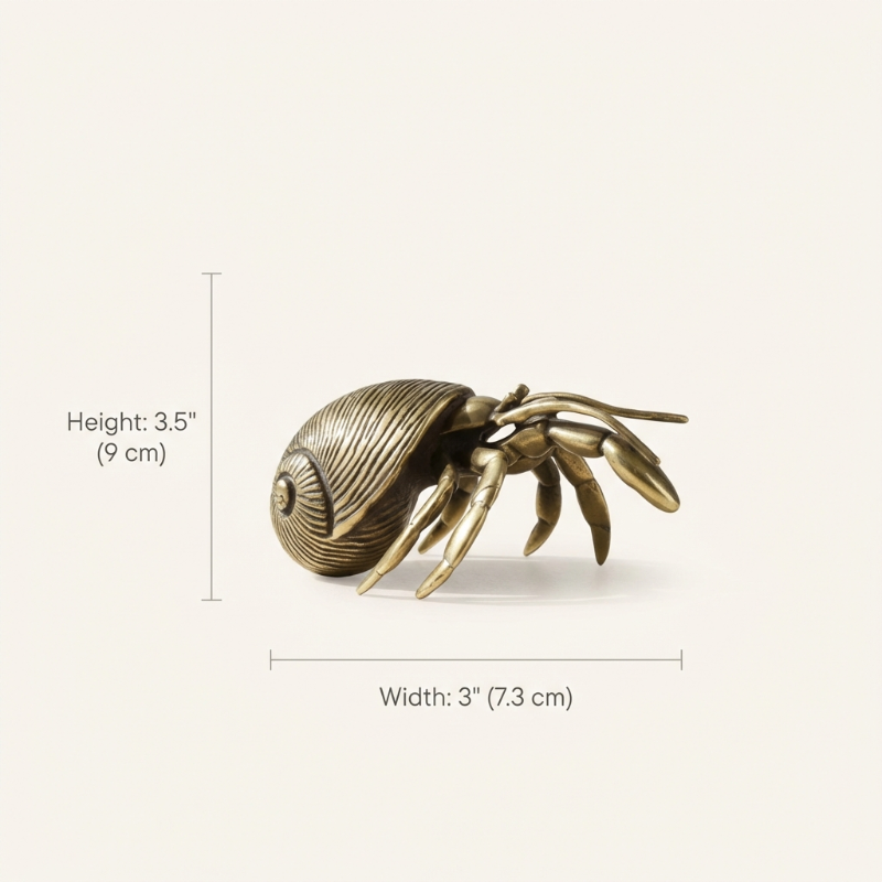 Bronze spider decorative item with measurements on a white background
