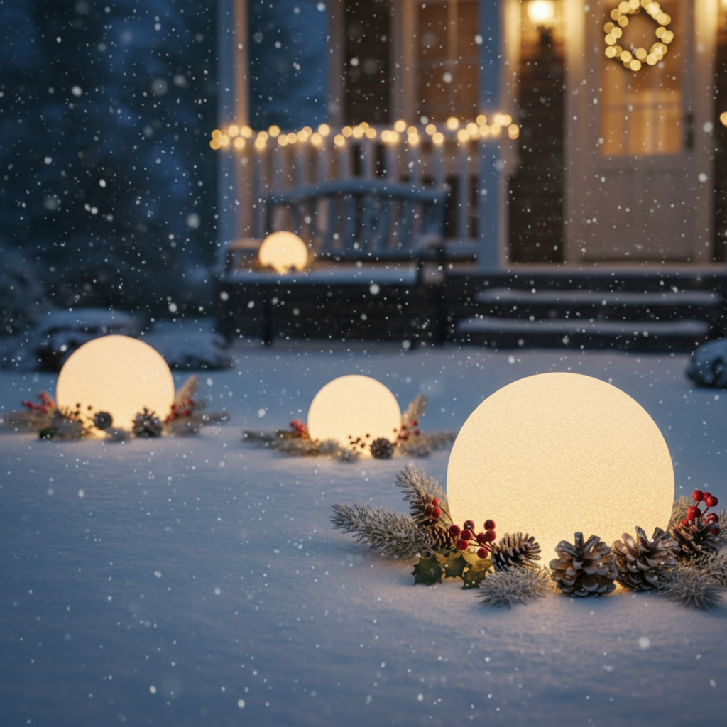 Decorative outdoor lights on a snowy porch with a house in the background.