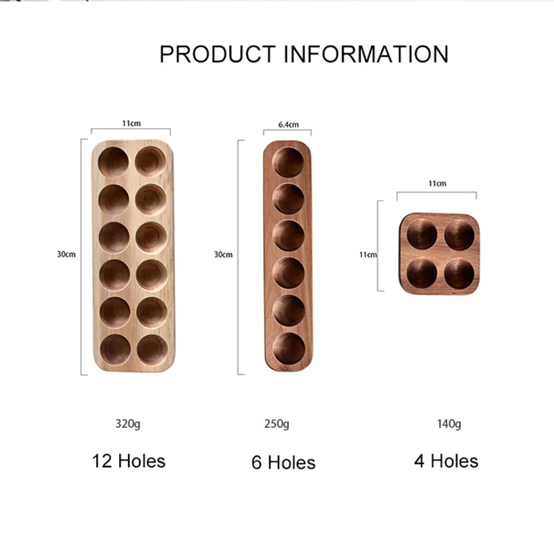 Product information graphic featuring three wooden egg trays, a 12-hole, 6-hole, and 4-hole version, with measurements and weights listed.