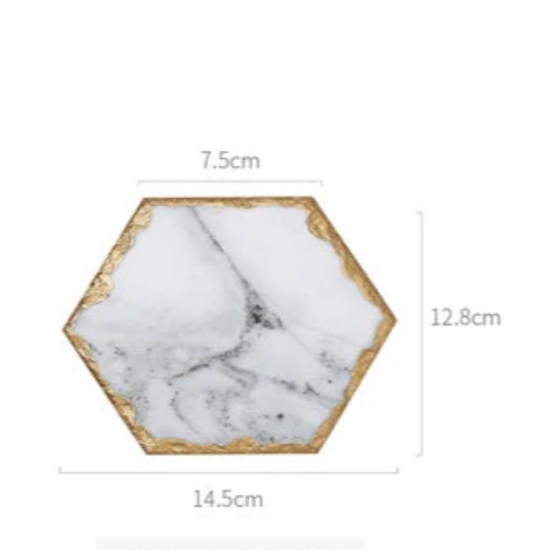An image of a single hexagonal marble coaster with gold edges. The coaster has dimensions written next to it: 7.5cm, 12.8cm, and 14.5cm.