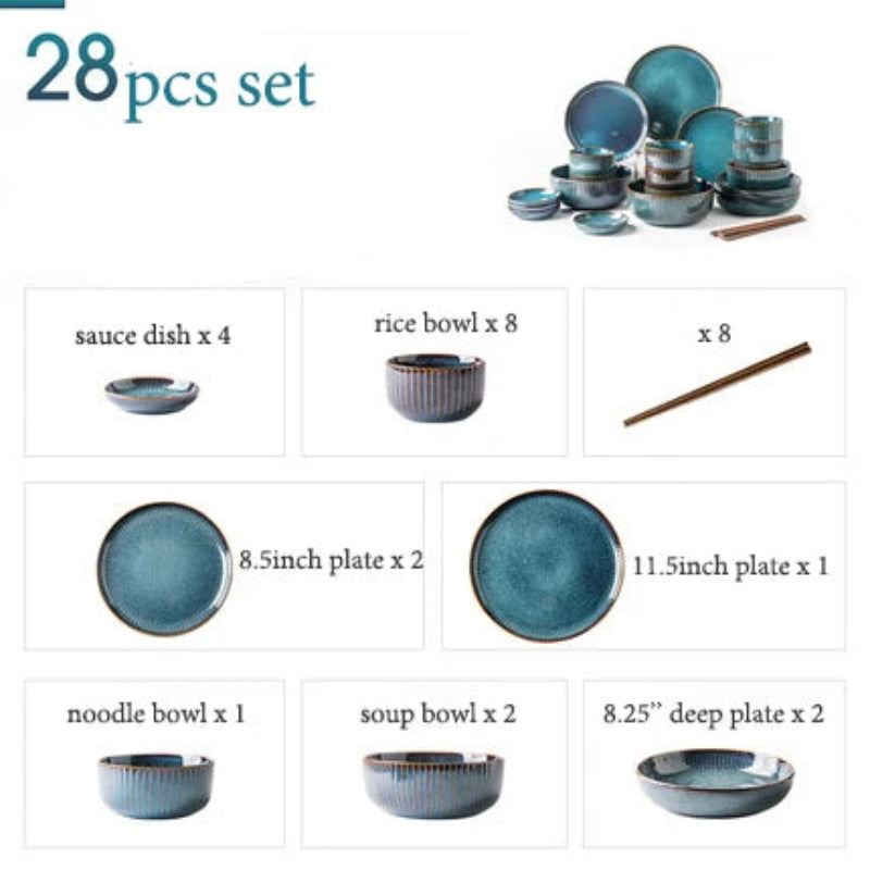 A blue 28-piece dinnerware set.