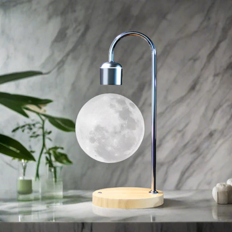 Futuristic levitating wireless charger moon lamp, combining cutting-edge technology with a calming, glowing moon design.