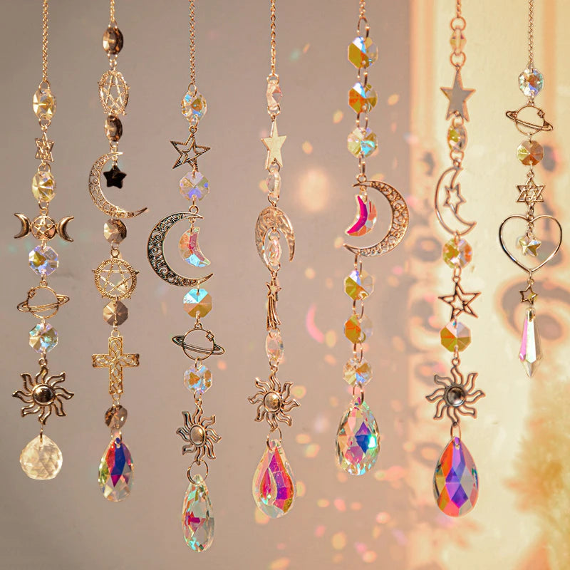 Intricately designed meditation suncatcher with crystal accents to enhance relaxation.