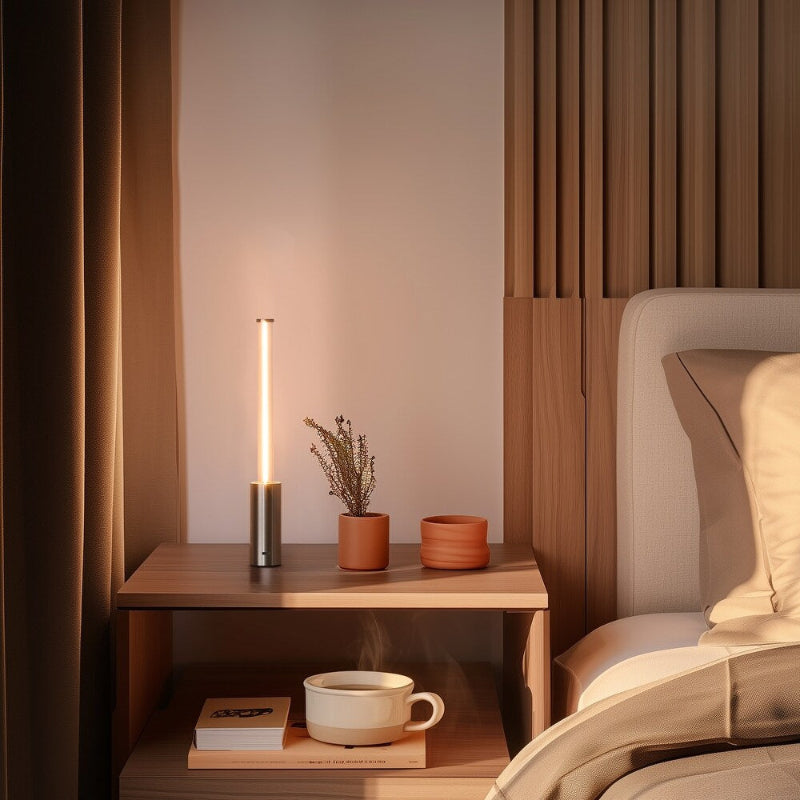 Napkin holder on a wooden surface with a cup and book in a cozy room setting.