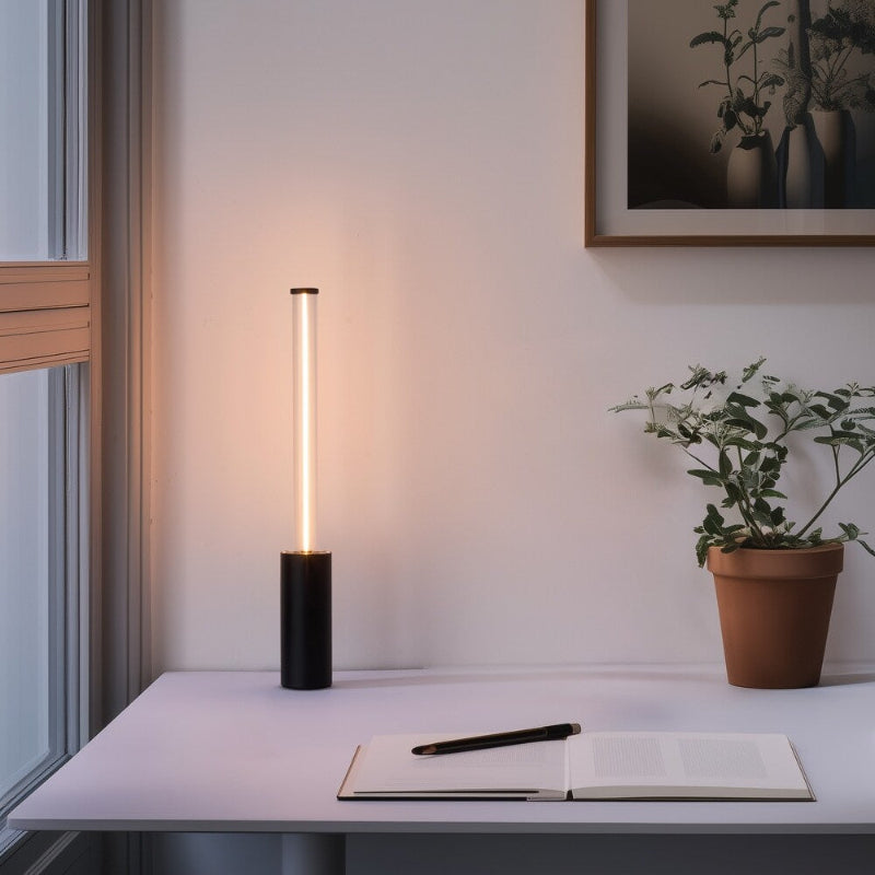 Modern desk setup with a tall black lamp, notebook, pen, and plant.