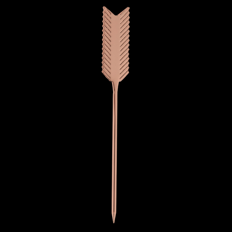 A rose gold stainless steel cocktail pick with an arrow-shaped design, on a black background.