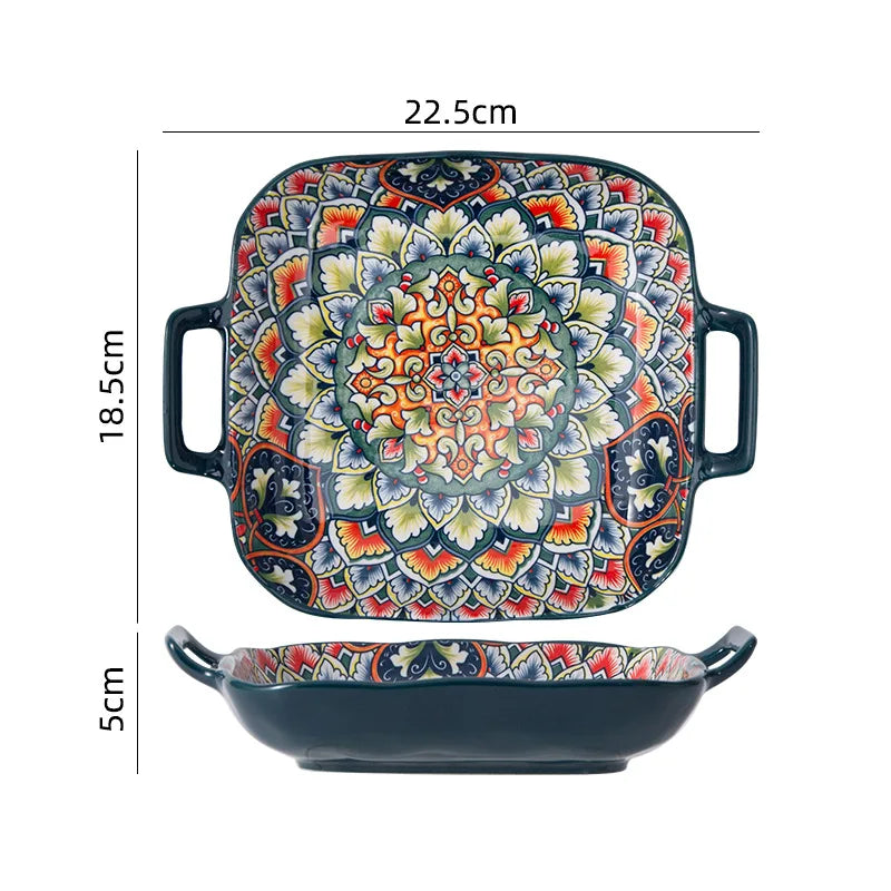 A detailed view and dimensions of an ornate square serving dish.