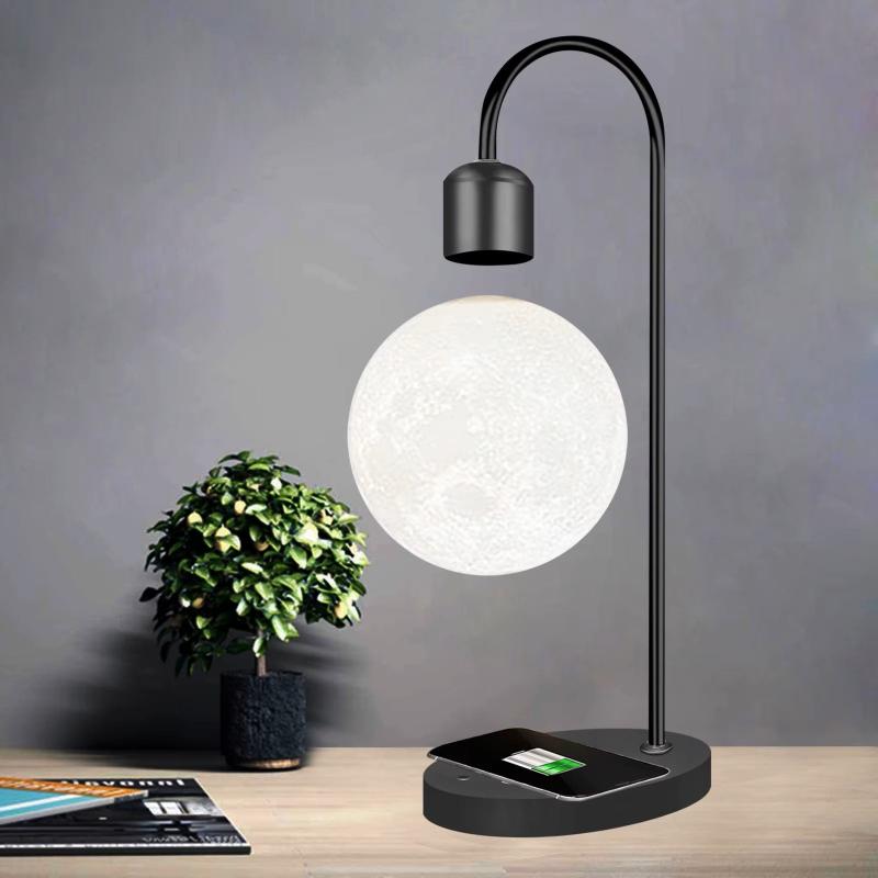 Unique levitating moon lamp with a built-in wireless charger, perfect for enhancing your space with both style and functionality.