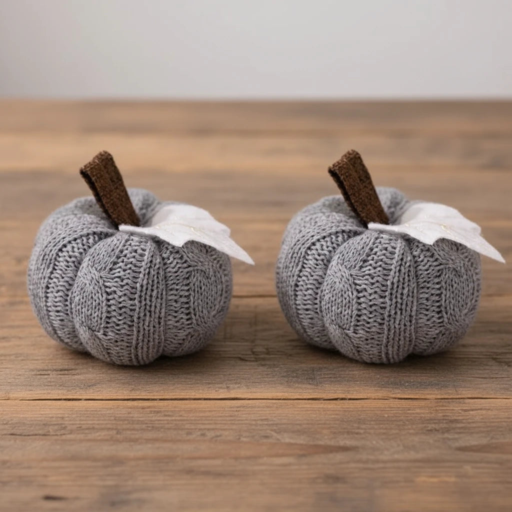 Two identical gray knitted pumpkins, each with a brown stem and a white leaf, isolated on a white background.