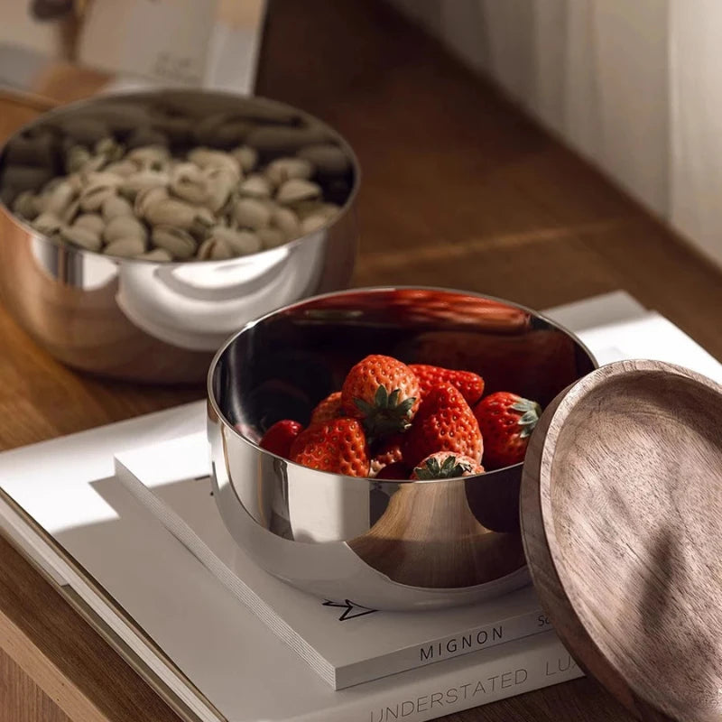 Stainless Steel & Walnut Lid Bowls (Set of 2)