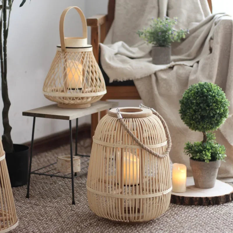 Cozy indoor setting with handcrafted bamboo lanterns emitting a warm glow. A mix of natural textures, greenery, and soft lighting creates a serene and inviting atmosphere.