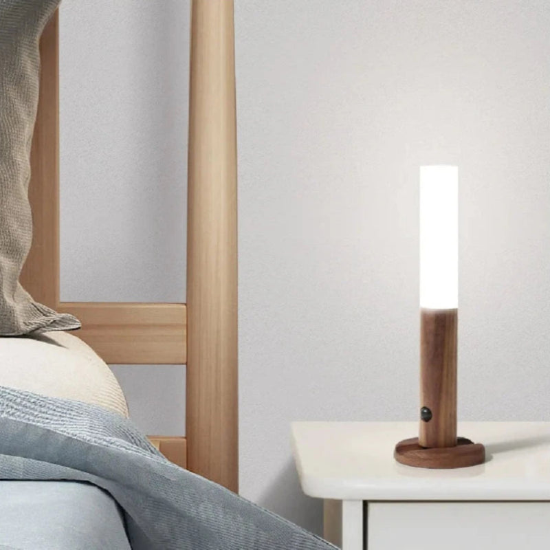 Lumi Motion Sensor Light with oak or walnut wood finish and 5-7 meter motion detection range.