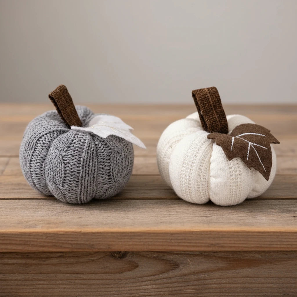 Two knitted pumpkins, one gray and one white, each with a brown stem and a fabric leaf, isolated on a white background.