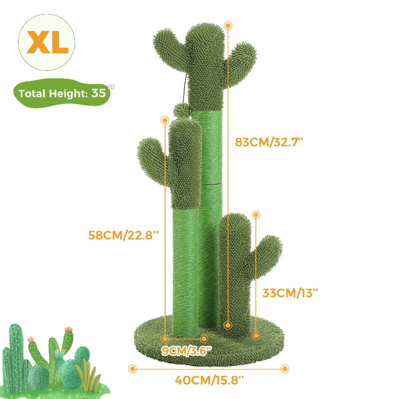 An image showing a green cactus-shaped cat scratching post with dimensions labeled: total height 83cm/32.7", arm heights 58cm/22.8" and 33cm/13", base width 40cm/15.8", and post width 9cm/3.6". An "XL" badge and a small illustration of cacti are also present.