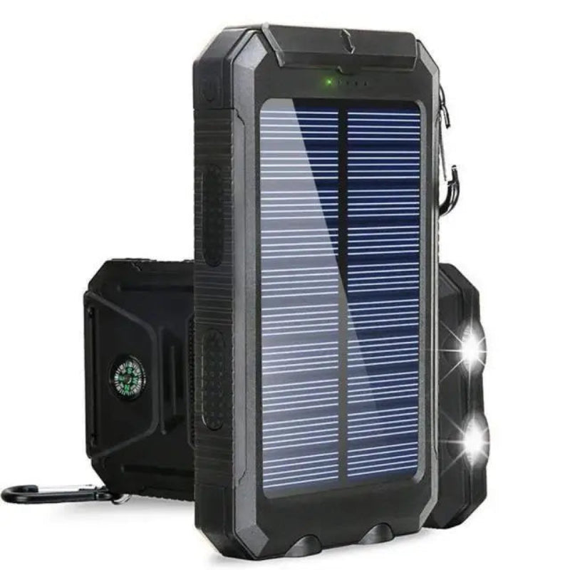 A portable solar power bank with a black and green casing, featuring solar panels on the top and additional features like LED light and flashlight indicated by icons.