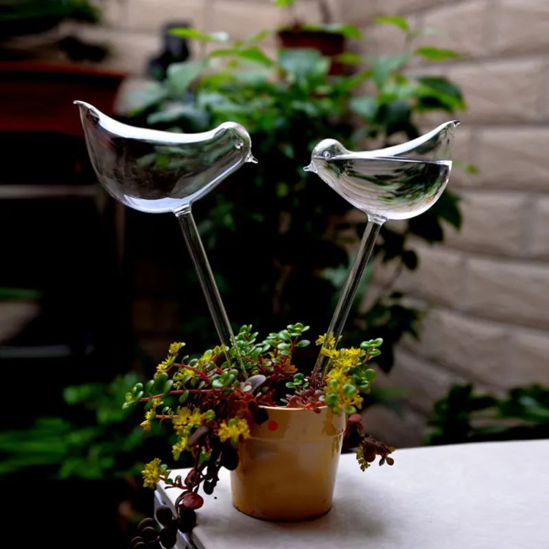 Two clear glass bird-shaped plant waterers are inserted into the soil of a small potted plant with green and yellow foliage. The pot is light brown and sits on a white surface, with a blurred background showing more greenery and a brick wall.