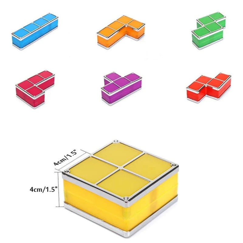 The image displays six different illuminated geometric block lights at the top, each in a distinct shape and color: blue, orange, green, red, purple, and red with orange accents. Below, a single yellow square block light is shown with dimensions of 4cm/1.5" x 4cm/1.5". These are likely components of a stackable puzzle light set.